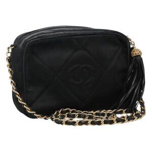 CHANEL Matelasse Chain Shoulder Bag Satin Black Gold CC